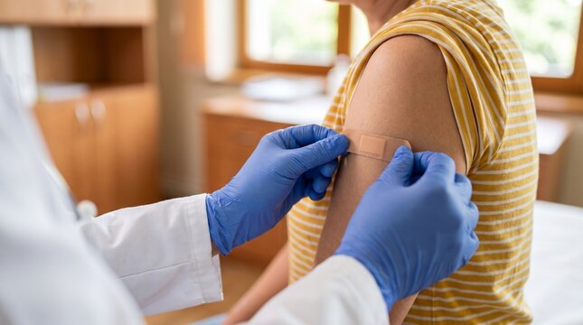 Medical professional applying a bandage to a patient's arm after an injection or vaccination in a clinic setting.
