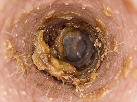 Endoscopic view of human ear canal showing cerumen earwax buildup and tympanic membrane eardrum