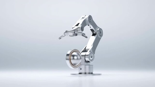 Polished robotic arm opens its gripper while a reflective circular component rotates downward beside articulated joints against a clean light gray studio background