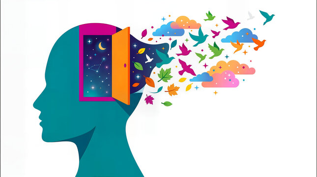Conceptual illustration of an open human mind releasing colorful birds