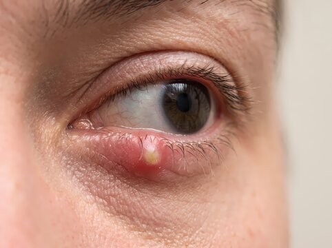 Close-up of a painful stye or hordeolum infection on a person's lower eyelid