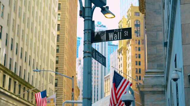 Wall Street sign on lamp post in Financial District. A metal sign post stands in front of tall city buildings and a national flag.