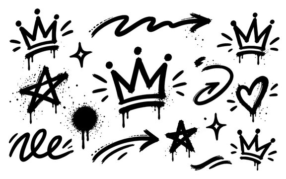 Hand drawn graffiti spray paint icons set featuring royal crowns, hearts, and arrows