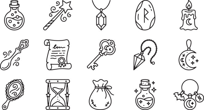 Magic Wand Crystal Potion Rune Stone Skeleton Key Line Art Icons   