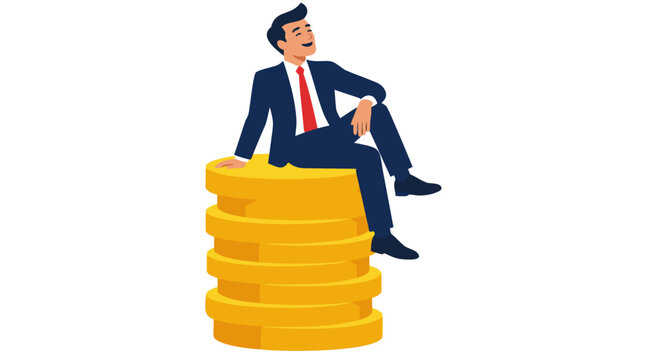 Confident Businessman Sitting on Stack of Gold Coins, Successful Entrepreneur Wealth Concept, Flat Vector Illustration with Bold Colors on Clean White Background - detailed commercial stock imagery