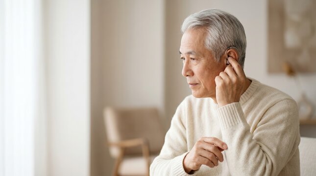 Senior Asian man adjusting hearing aid behind ear. Mature elderly male using modern audio amplification device at home