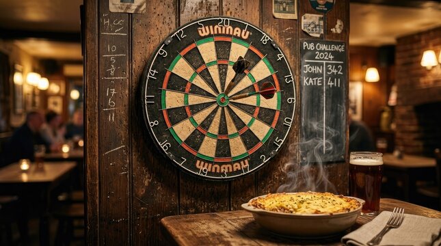 Dartboard on wooden wall with steaming shepherd's pie in a pub setting