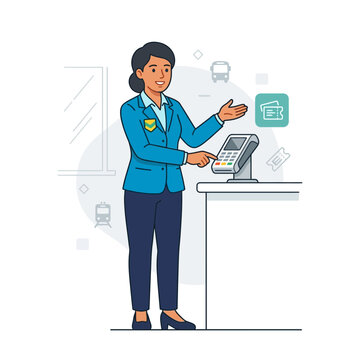 Friendly female attendant assists with ticket purchase at transport station using a payment terminal, surrounded by travel icons.