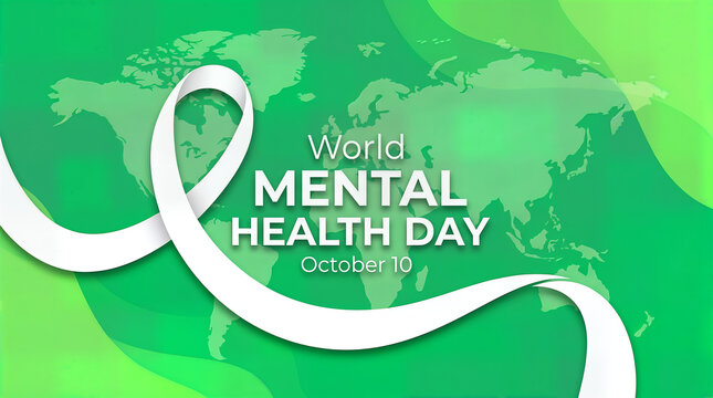 World mental health day background with green world map and white ribbon symbol