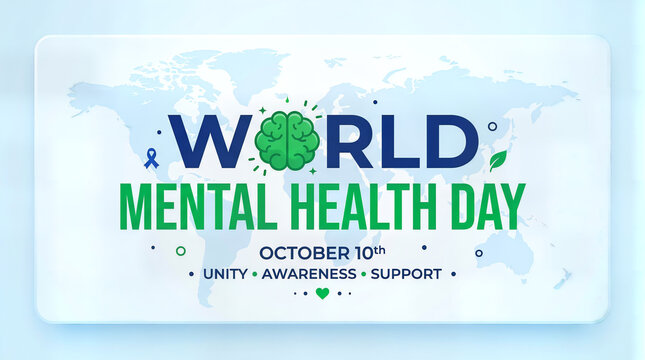 World mental health day awareness graphic with world map and brain icon