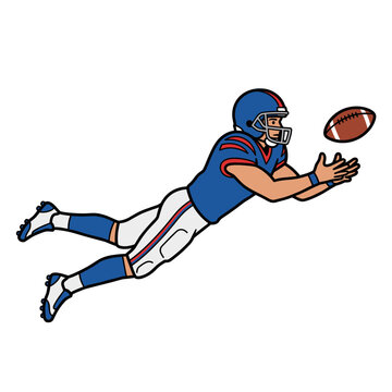 American football wide receiver diving and catching the ball in a dynamic action pose wearing blue and white uniform in a modern comic vector illustration style