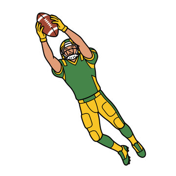 American football wide receiver jumping and catching the ball in a dynamic action pose wearing green and yellow uniform in a modern comic vector illustration style