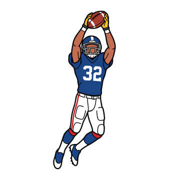American football safety jumping and intercepting the pass in a dynamic action pose wearing blue and white uniform with number 32 in a modern comic vector illustration style
