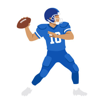 American football quarterback preparing to throw the ball in a dynamic action pose wearing blue uniform with number 10 in a modern flat vector illustration style