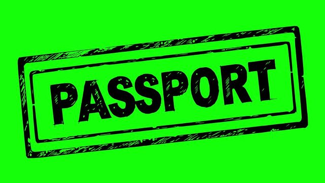 passport stamp loop animation featuring a hand drawn line boil effect with solid black fills on a green screen chroma key background