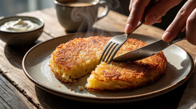 Close up of hands cutting hot crispy potato rosti on ceramic plate with fork, knife. Steaming golden fried potato pancake served on rustic wooden table. Side dish for breakfast lunch with white sour