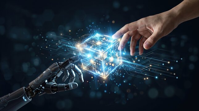 Human hand and robotic arm touching glowing digital cube, artificial intelligence, machine learning, future technology, human robot interaction, innovation concept