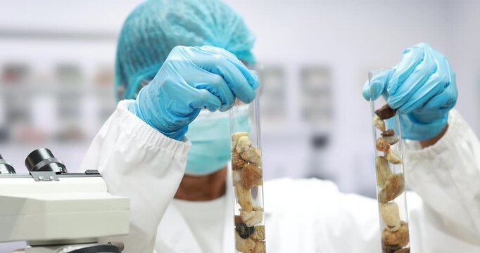Scientist in protective clothing examines sample tubes filled with dried food pieces in a laboratory, with microscope equipment in the foreground.