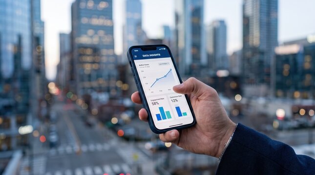 Hand holding smartphone displaying data insights app with graphs and charts against blurred city skyline background, mobile analytics, business intelligence concept