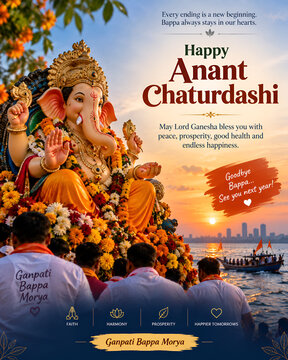 Devotees celebrate the anant chaturdashi festival with a grand ganesha immersion ceremony at sunset ganpati visarjan hindu festival ganesh utsav sunset background spiritual event traditional