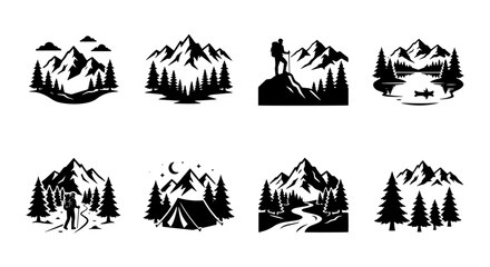 Fototapeta premium Mountain Adventure Icons, Nature Camping Graphics, Outdoor Hiking Vector Set, Wilderness Exploration Elements