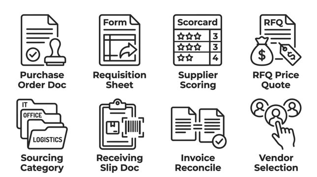 Set of supply chain management and procurement icons in outline style with procurement management business logistics purchase sourcing invoicing commerce corporate document requisition