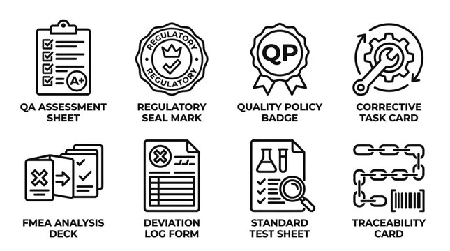 Quality assurance and regulatory compliance icons including inspection sheets test logs and traceability standards with assurance regulatory compliance inspection standard traceability analysis