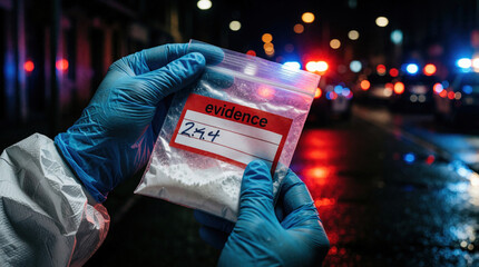 Gloves hold baggie of white powder labeled evidence near police car lights at night. Police find drug material during street investigation. Suspect arrested in crime.