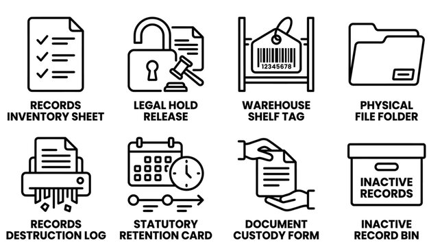 Set of eight business icons showing records inventory and legal retention procedures in line art style with inventory warehouse destruction statutory retention document inactive business