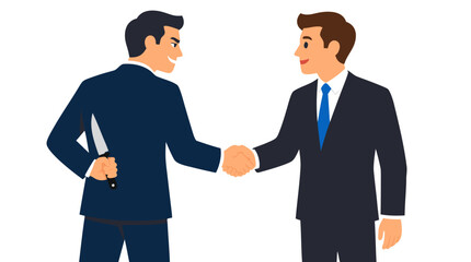 Fototapeta premium Business betrayal concept: two men in suits shaking hands while one secretly hides a sharp knife behind his back, backstabbing deception metaphor, bold flat vector illustration design