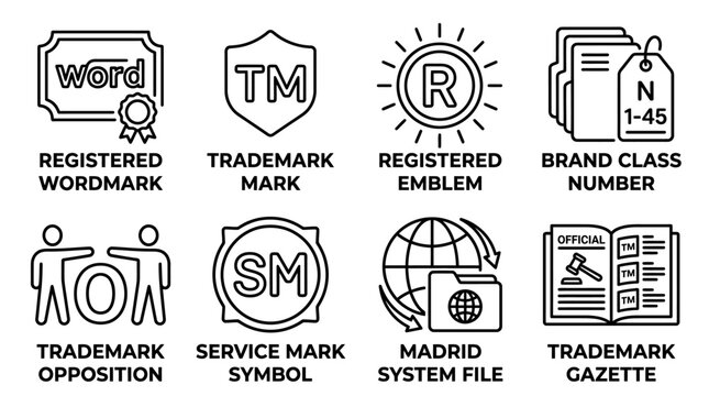 Black and white line art vector set of intellectual property trademarks legal brand icons trademark registered wordmark opposition business ownership copyright document agreement