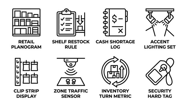 Black and white retail operational icons showing planograms and inventory tracking procedures with operational planogram inventory tracking management merchandising security lighting business