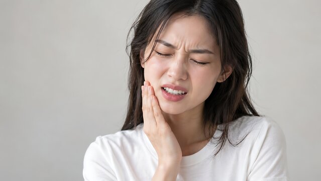 Asian woman suffering from toothache and dental pain, young female touching cheek with sensitive teeth, health problem and oral hygiene concept