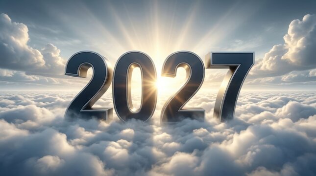 Year 2027 numbers floating above clouds with golden light