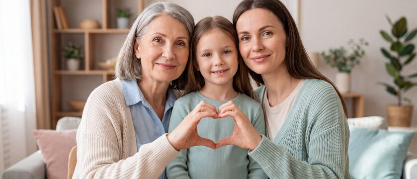 A mother, grandmother, and granddaughter are making a heart shape with their hands. A concept representing the female family line and three generations.