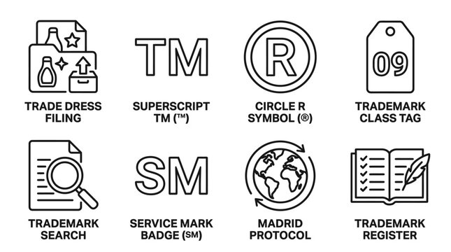 Set of eight legal and business icons depicting trademark registration processes and intellectual property symbols with trademark intellectual property business registration copyright register