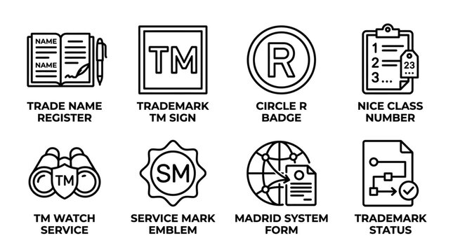 Business and legal icons showing trademark registration status and intellectual property monitoring services with trademark intellectual property business registration copyright register