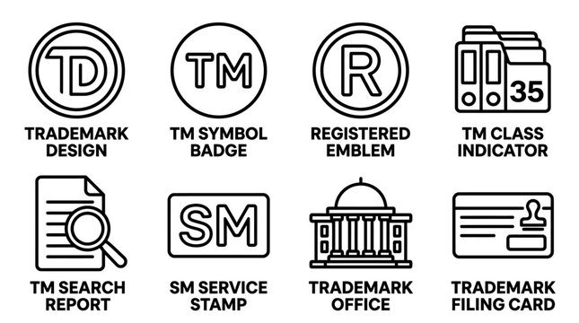 Set of eight professional trademark and service mark identification icons in line art style with trademark identity registration branding business protection document indicator illustration