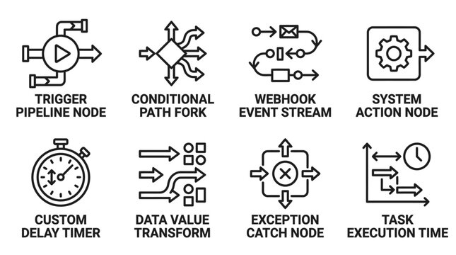 Set of eight technical pipeline automation and data stream processing line icons with pipeline automation processing software technical transform exception execution workflow development