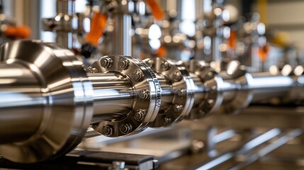 Fototapeta premium Close-up of industrial stainless steel piping system with flanges and valves in a manufacturing facility
