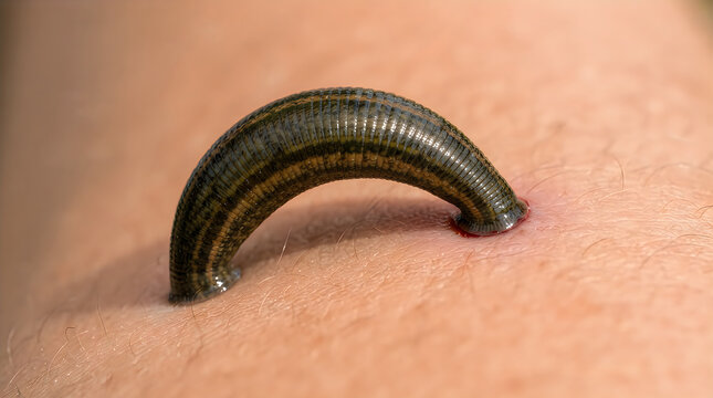 A slimy medicinal leech attached to human skin illustration