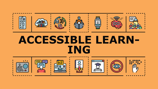 Accessible learning banner infographic. Accessibility words, readable only, duplicate produce icon vector illustration