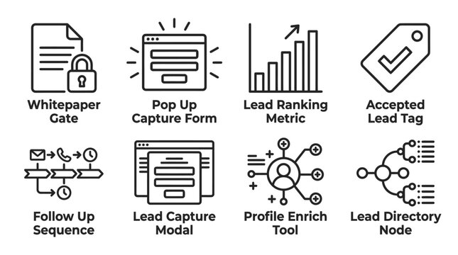 Eight b2b marketing icons for lead capturing and data enrichment in minimal black outline style with marketing enrichment business analytics sequence automation directory customer strategy
