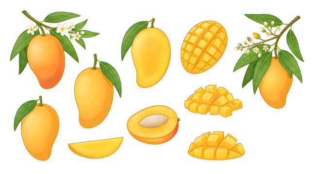 Fresh ripe mango fruits and slices set on a branch illustration