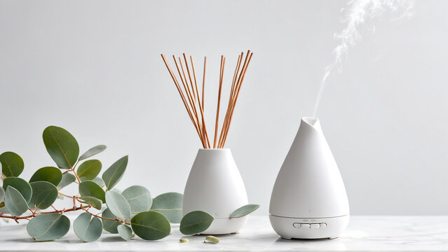Aromatherapy Essential Oil Diffuser and Reed Diffuser with Eucalyptus, Wellness Spa Background with Copy Space, Generative AI