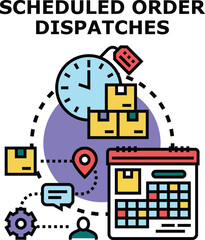 Obraz premium Order dispatches system managing packages delivery, tracking shipments, and scheduling logistics process with calendar, clock, and location indicators