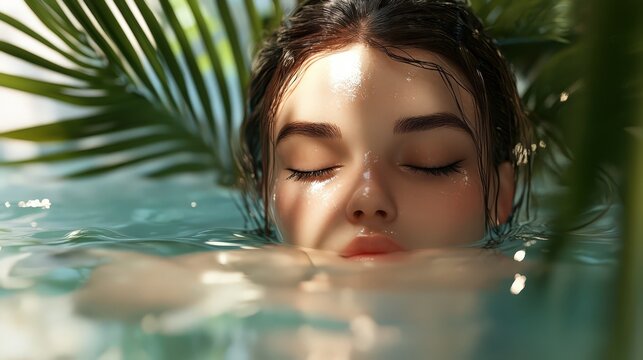 Serene Woman Submerged in Water, Eyes Closed, Relaxing in a Tropical Pool, Sun-Kissed Skin, Gentle Water Ripples, Tranquil Moment.