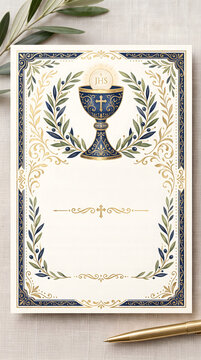 First holy communion invitation template with chalice and olive branch