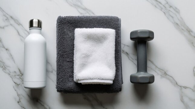 White water bottle grey and white towels and grey dumbbell arranged on white marble surface. Minimalist flat lay for gym workout and home fitness.