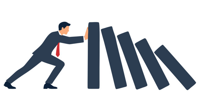 Businessman stopping falling dominoes risk management concept crisis prevention and stopping chain reaction flat design vector illustration on white background - detailed commercial stock imagery